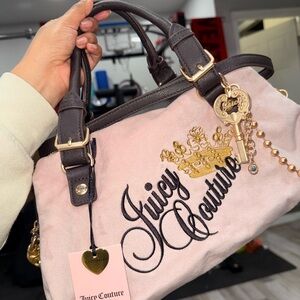 Juicy Couture Pink Velvet Satchel with Brown Trim and Gold Hardware
